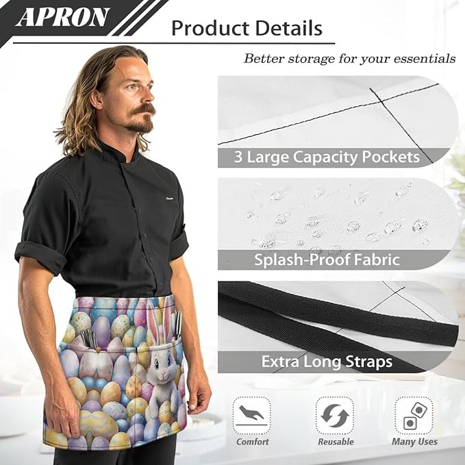 Waist Apron with 3 Pockets Waterproof 13 Inch Short Half Waist Aprons Women Men Server Aprons Waitress Waiter Apron