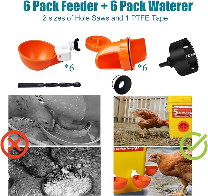 Chicken Feeder No Waste Automatic Poultry Feeder Ports, DIY Chicken Feeder and Waterer Set, 6 Ports and 6 Chicken Water Cups for Buckets, Barrels, Bins, Troughs