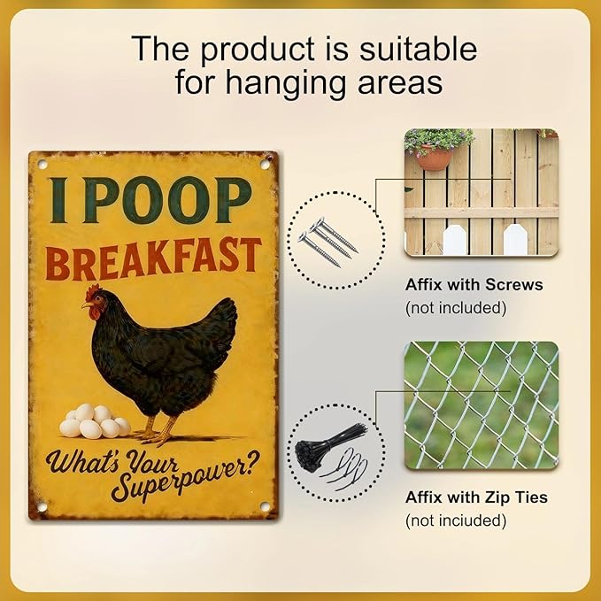 Chicken Metal Decor Sign Funny Vintage Metal Tin Sign Wall Art Decor I POOP Breakfast Chickens Coop Signs for Home Farm Chicken Coop Farmhouse Kicthen Garden Decor 8 X 12 Inch