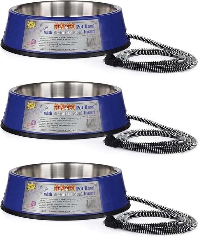 Farm Innovators Signature Series 3 Quart 40 Watt Electric Heated Pet Water Bowl with Stainless Steel Insert, Thermostatic Control, (3 Pack)
