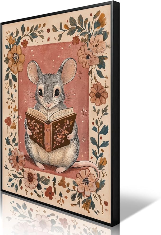 Nursery Animal Canvas Wall Art, Mouse Reading A Book Poster, Cozy Folk Art Prints, Kids Room Farmhouse Botanical Floral Painting, Library Reading Corner Wall Decor 12x16in Wrapped Canvas