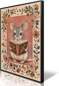 Nursery Animal Canvas Wall Art, Mouse Reading A Book Poster, Cozy Folk Art Prints, Kids Room Farmhouse Botanical Floral Painting, Library Reading Corner Wall Decor 12x16in Wrapped Canvas