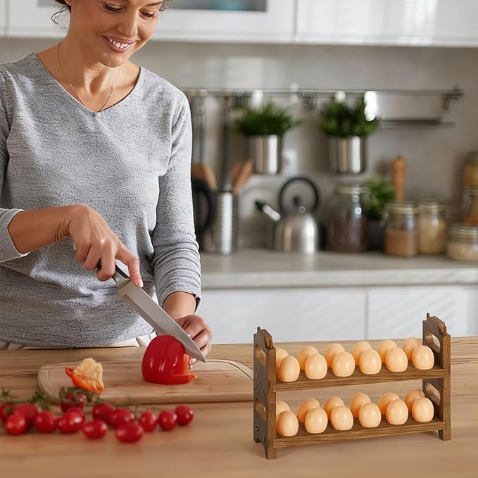 Wooden Egg Holder Countertop Fresh Chicken Egg Holders Storage for Gathering Fresh Eggs, 2-Tier Stackable with 24 Eggs, Farmhouse Home Eggs Rack Organizer Decoration