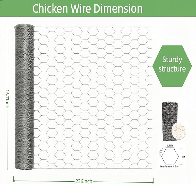 Chicken Wire (Silver, 15.7 x 236 Inch), Chickens Wire Fencing for Garden Poultry, Hexagonal Galvanized Mesh, Sturdy Roll Plant Protector,Rabbit Fence, Wires Fence Rolls for Craft Projects