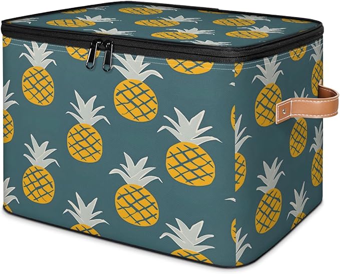 Yellow Pineapple Print Storage Bins With Lids Fabric Collapsible Storage Box with Leather Handles for Home Bedroom Foldable Closet Shelf Organizer