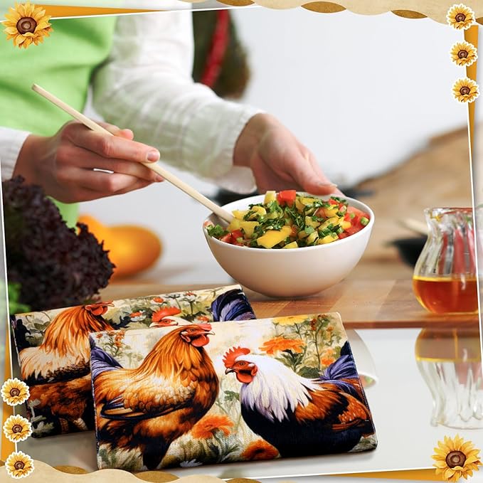 Bencailor 6 Pcs Farmhouse Kitchen Towels Chicken Rooster Kitchen Decor Farm Animal Hand Towels for Cooking Baking Housewarming Gift,15.75 x 23.62 inch(Fresh Color,Daisy Rooster)