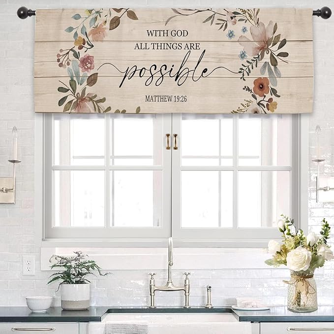Bible Scripture Quotes Kitchen Curtain Valance 54W x 18L Inch Farmhouse Rustic Flower Country Motivational Religeous Rod Pocket Short Cafe Small Window Treatment Drapes Decor