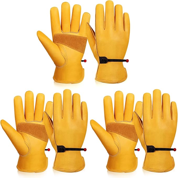 OZERO Leather Work Gloves for Men: X-Large 3 Pairs Cowhide Working Gloves for Driving Heavy Duty Mechanic Ranch - Women Gardening Glove