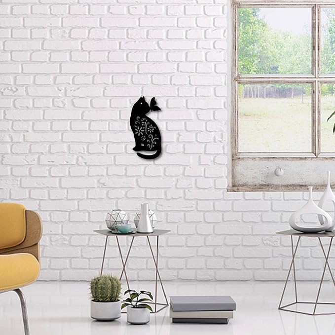 CREATCABIN Cat Metal Wall Art Animal Butterfly Decor Wall Hanging Silhouette Sculpture Ornaments Iron Sign for Indoor Outdoor Home Living Room Kitchen Garden Office Decoration Gift Black 12 x 6 Inch