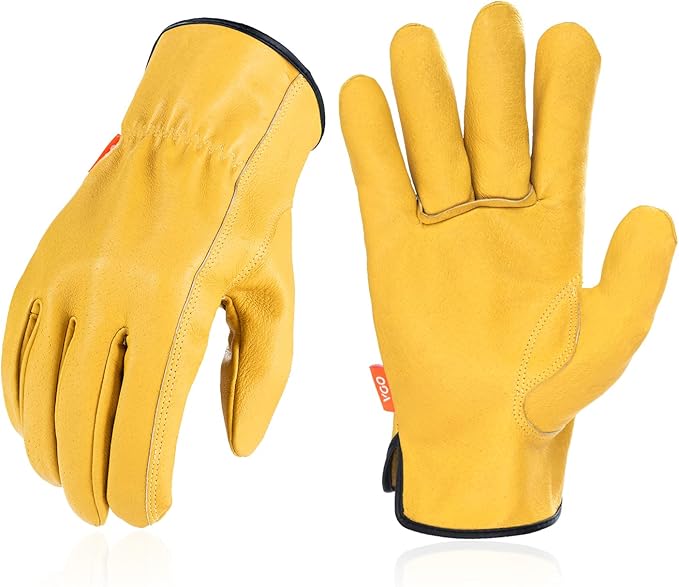 Vgo... 1-Pair Unlined Safety Pigskin Leather Work Gloves Men, Rigger Gloves, Builder Gloves (Size M, Yellow, PA9501)