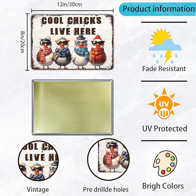 Funny Cool Chicks Live Here Tin Sign Plaque Metal Poster 12x8 Inch Home Kitchen Garden Restaurant Farm Wall Decor