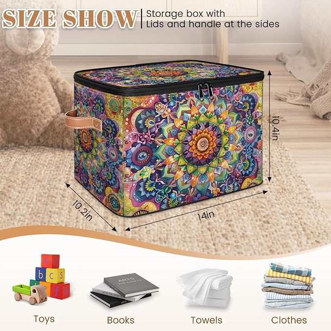 Vintage Boho Patern Storage Bins with Zipper Lid Fabric Storage Containers for Clothes Collapsible Closet Storage Basket with Metal Frame 1 Pack