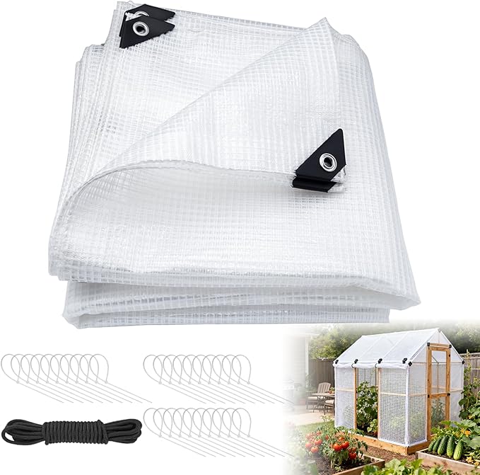 16Mil Clear Greenhouse Tarp, Heavy Duty Clear Tarp with Grommets 10x10FT, Reinforced Poly Transparent Greenhouse Plastic Cover Waterproof UV Resistant for Gardening, Farming, Canopy, Chicken Coop