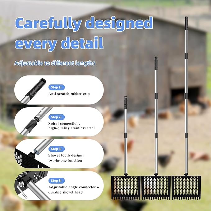 Chicken Poop Scooper & Rake 2-in-1, 4 in 1 Stainless Steel Handle Chicken Coop Pooper Shovel (23 to 62"), Suitable for Animal Sheds, Garbage Shovel with Adjustable Angle, Scooper Sand Sifting Shovel