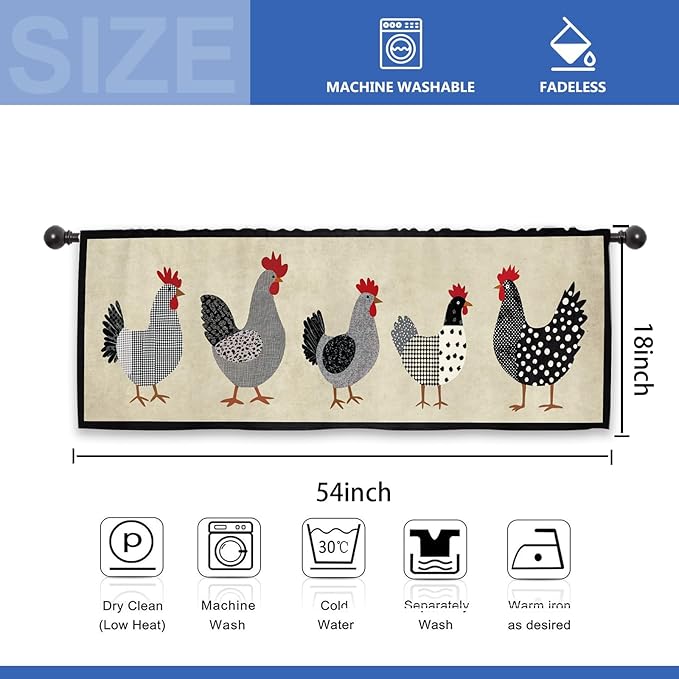 Chicken Rooster Kitchen Curtain Valance 54W x 18L Inch Farm Rural Vintage Retro Country Rod Pocket Short Cafe Small Window Treatment Drapes Decor