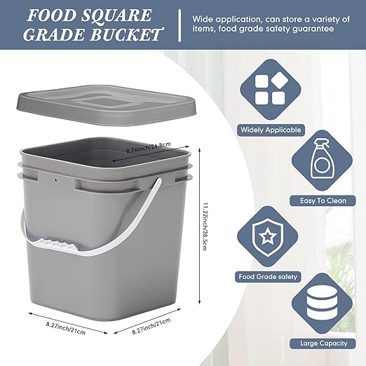 Mumufy 5 Pcs 3.5 Gallon Square Food Grade Bucket with Lid Square Bucket Pail Plastic Handles for Long Term Food Storage, Camping, Fishing, Home Organization Easy Stack and Store (Gray)