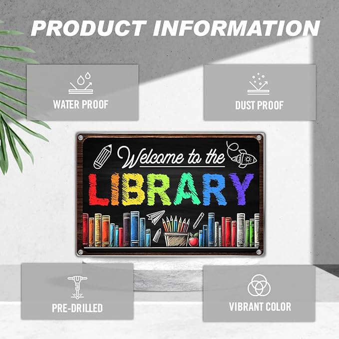 Welcome To The Library Sign 12 x 8 Inch Metal Wall Decor Chalkboard Style Colorful Book Lover Reading Corner Classroom Teacher Student School Decoration Art Home Outdoor