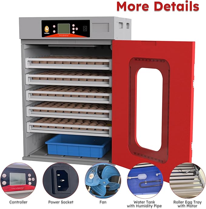 Commercial Digital Egg Incubator, 400-Egg Capacity, 360° Auto-Turning System with Digital Control, Red and Gray Cabinet, Temperature and Humidity Monitoring