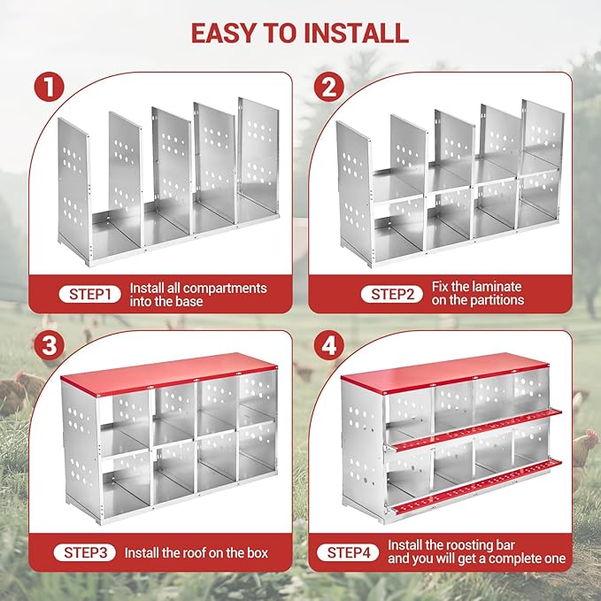Heavy Duty Metal Chicken Nesting Box – 8 Compartments, Roll-Away Egg Tray, Pull-Out Cleaning Tray, Swing Perch, Wall Mount, Without Cover-Red, 128×48×71cm