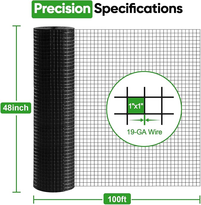 Black Hardware Cloth 48in x 100ft – 19 Gauge Vinyl Coated Steel Wire Mesh Roll, 1" Square Welded Fence for Chicken Coop, Garden Barrier, Animal Control, Outdoor Pet Enclosure, Rodent Proofing