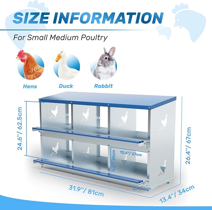Chicken Nesting Box 6 Compartments Metal Laying Boxes for Chicken Hens Poultry Ducks Protect Eggs Chicken Coop Easy Egg Collection Wall Mount Nest Box for Chicken Coop