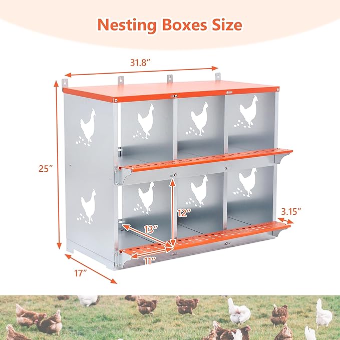 Nesting Boxes for Chickens with Chicken Nesting Pads, 6 Compartment Roll Away Nesting Boxes Chicken, Heavy-Duty Galvanized Steel Rustproof Design Wall Mountable Laying Boxes for Hens, Ducks, Birds