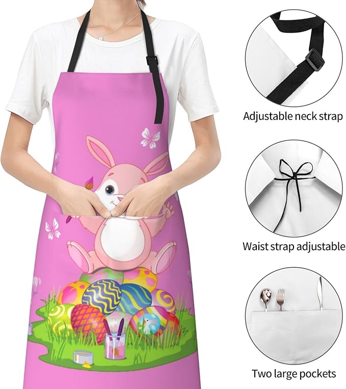 ASYG Cute Easter Rabbit & Eggs Apron Adjustable with 2 Pockets Bunny Easter Gift Kitchen Baking Gardening Work Apron