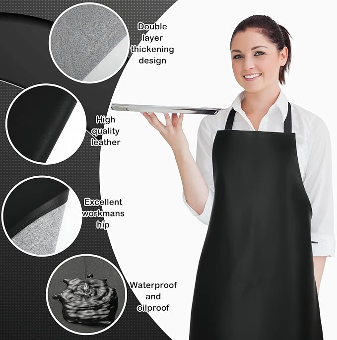 Hercicy 8 Pcs Heavy Duty Waterproof Work Apron for Dishwashing 40 Inch PU Leather Dishwasher Apron for Restaurant Men Cleaning Lightweight Industrial Butcher Chef, Black