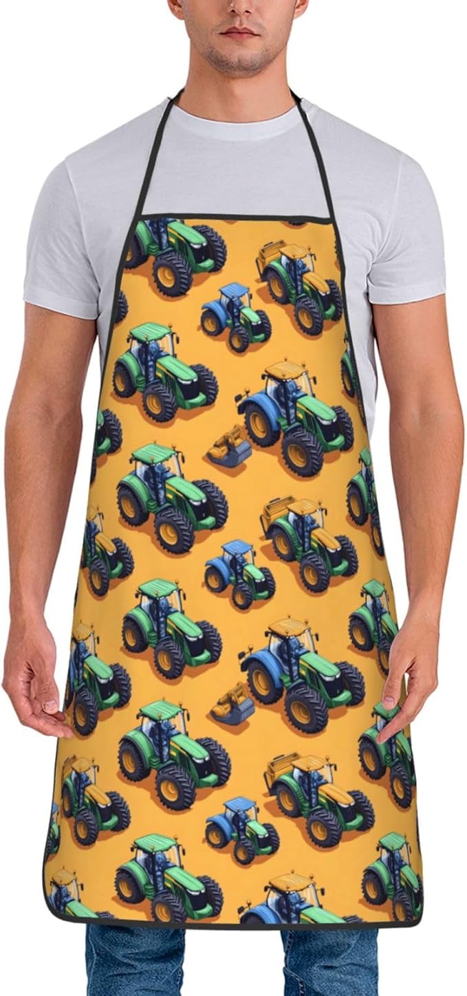 Chef Aprons for Men and Women - Vintage Tractors Green Print Oil-Resistant Bib Aprons for Cooking or Kitchen BBQ Grilling