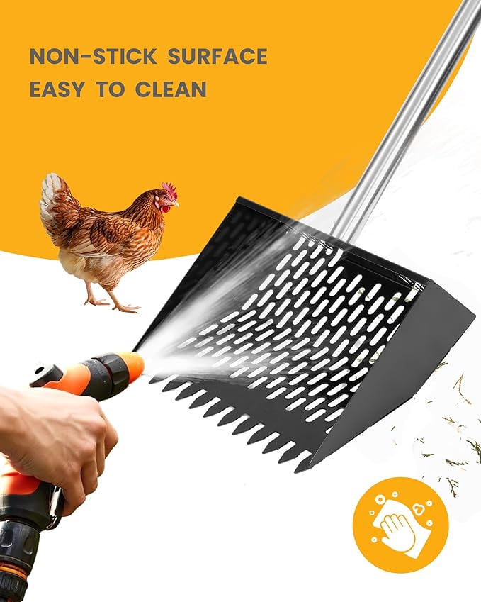 Chicken Poop Scooper & Rake 2-in-1 with Ergonomic Grip, Adjustable Length (22"–61.5"), Metal Sifting Shovel with Holes for Chicken Coop Cleaning, Multifunctional Chicken Manure Scoop