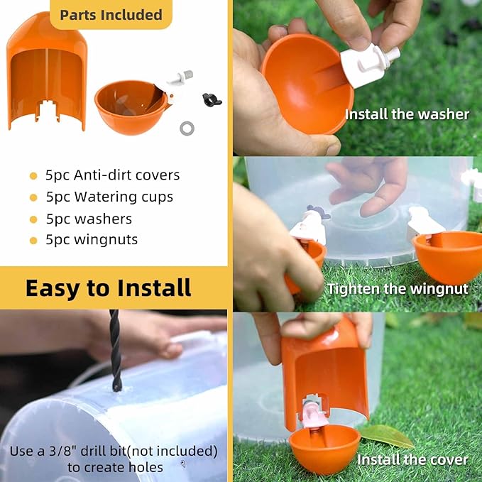 Chicken Waterer Cups Automatic (5 Pack), 2.9’’ Large Poultry Waterer Cups with Anti-Dirt Cover, Suitable for Chicks, Quail, Duck, Goose, Turkey, Rabbit and Bunny - (Orange)