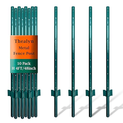 4ft Fence Posts, Pack of 10 - Sturdy Metal U-Posts & Step-in Stakes, No Digging Poles for Garden Wire Fencing and Yard Signs (Fits 3-ft Fence Mesh)