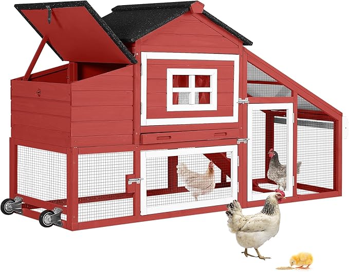 GUTINNEEN Chicken Coop Mobile Hen House Wooden with Run Poultry Cage with Nesting Box,Red