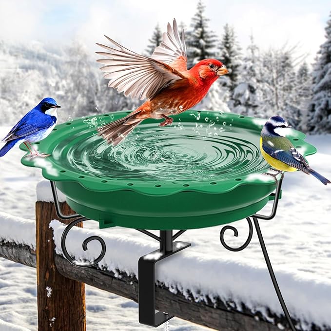 Heated Bird Bath for Deck Railing, Powerful 100W Thermostatically Controlled Heated Bird Baths for Outdoors for Winter, Heated Birdbath Water Heater for Outside Garden Yard Patio Lawn (Green)