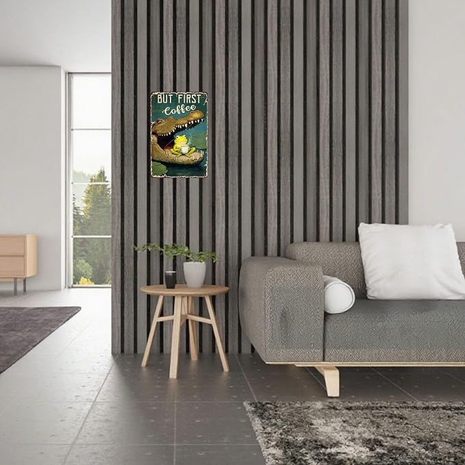 EVRISIGN Vintage Coffee Tin Sign But First Coffee Retro Frog Metal Poster Wall Decor Funny Nostalgic Rustic Metal Sign For Home Office Cafe Kitchen Bar Man cave Bedroom Living Room 12 * 8In