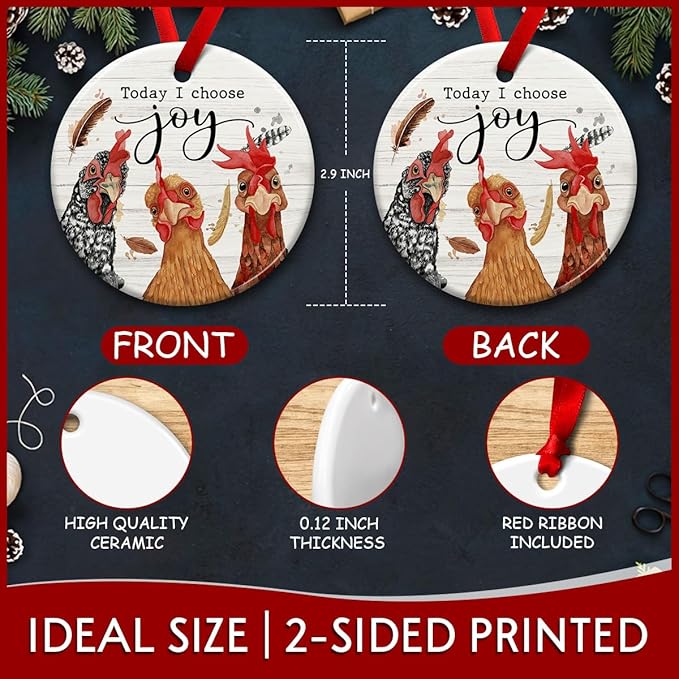 Chicken Christmas Hanging Ornaments, Rooster Gifts for Farmer, Girl, Women & Chicken Lovers, Farmhouse Christmas Decorations - 'Today I Choose Joy' Gift to Decor Chicken Coop
