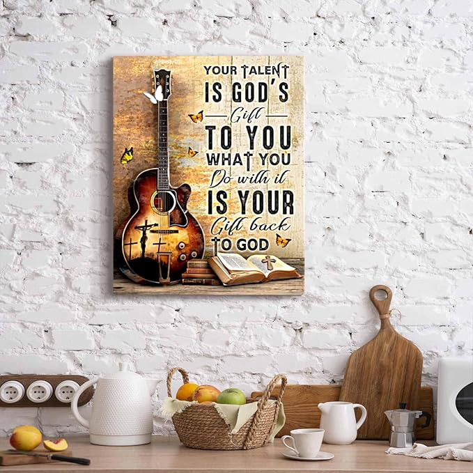 Christian Guitar Wall Art Inspirational Quotes Guitar Pictures Wall Decor Your Talent Is God'S Gift To You Framed Artwork Canvas Prints Music Room Decorations For Music Studio Bedroom 12"X16"