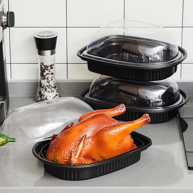 Hushee 20 Pack Large Rotisserie Chicken Roaster Container with Lids Black Plastic Chicken Food Storage Container Carrier Without Handle Rectangular Take out Reusable Storage High Dome Clear Lid