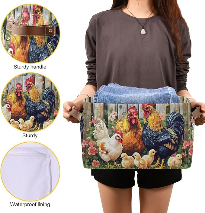 ALAZA Rooster Chicken Hen Garden Farm Foldable Storage Box Storage Basket Canvas Storage Bin with Handle Rectangular Decorative Fabric File Box for Shelf Closet, 2 Pack
