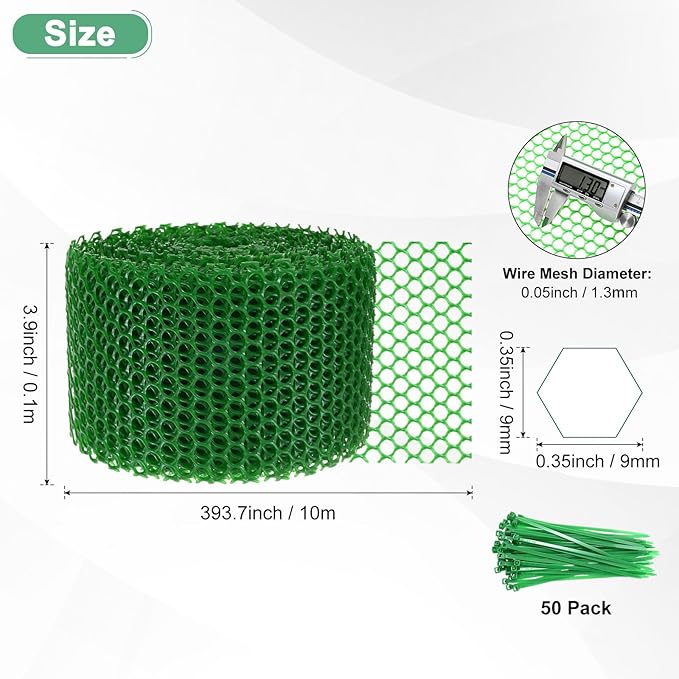 1-Pack Floral Chicken Wire Mesh, 3.9 in x 33 ft Plastic Hexagonal Chicken Wire Fencing with 50 Garden Ties for Crafts/Poultry Netting/Garden/Plant Protection [Green]