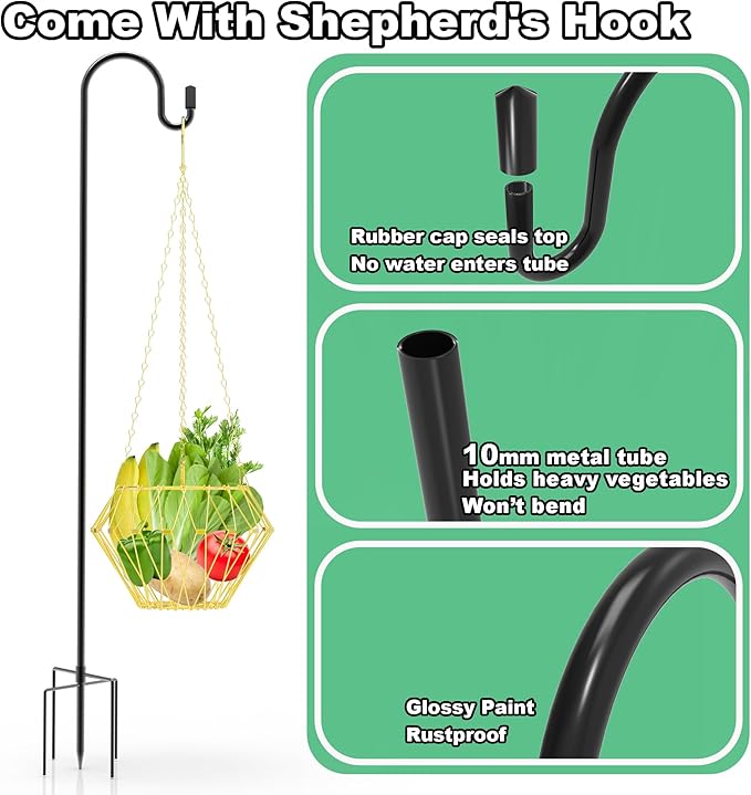 Hanging Chicken Feeder with Shepherd's Hook, Foldable Chicken Vegetable Feeder, Golden Poultry Fruits Feeding Holder Basket with Hanging Chain for Chicken Coop Accessory