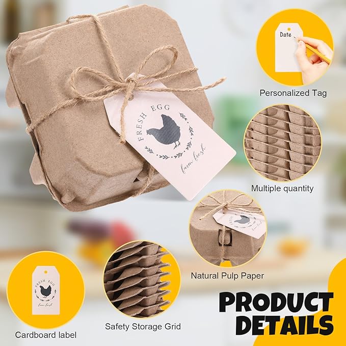 24 Pcs 4 Count Easter Egg Carton Bulk Half Dozen Reusable Natural Pulp Paper Cardboard Egg Carton Colored Storage Easter Gift Box with Label Jute Rope for Kitchen Market Farm (Natural)