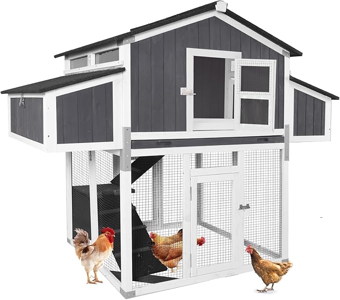 Large Chicken Coop for 6-8 Chickens, Double Folding Wooden Chicken House with 2 Nesting Boxes, Reinforced Iron Frame, Pull-Out Tray & Waterproof Roof, Outdoor Poultry Cage-(Black)