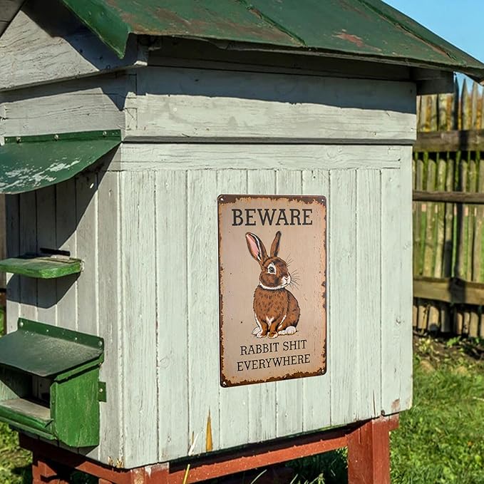Funny Metal Tin Sign Rabbit Beware Rabbit Shit Everywhere Shop Farm Cafe Garage Home Decor Outdoor Indoor Wall Panel Retro Vintage Poster 8x12 Inch
