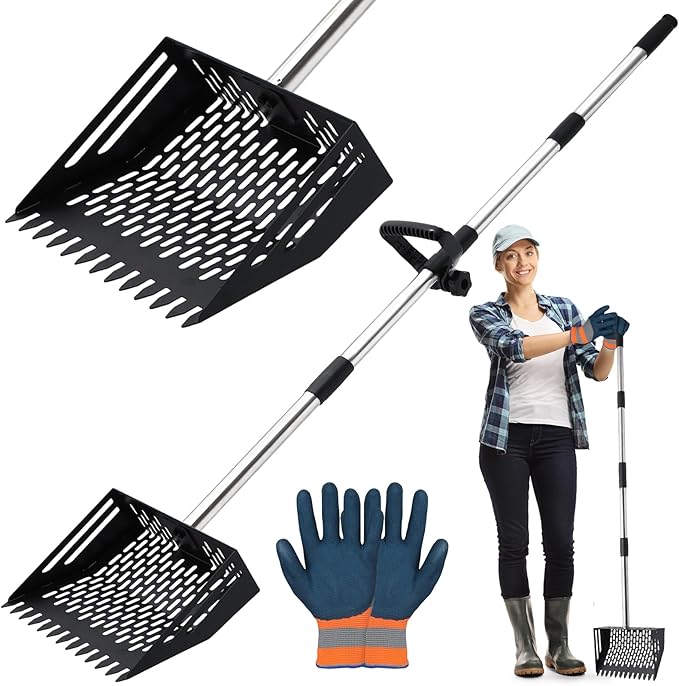 Chicken Poop Scooper, 10 Inch 2 in 1 Stainless Steel Sand Sifting Shovel & Rake with 35" to 62" Adjustable Length, Durable Litter Cleaner with Detachable Handle for Chicken Coop Farm Animal(Black)