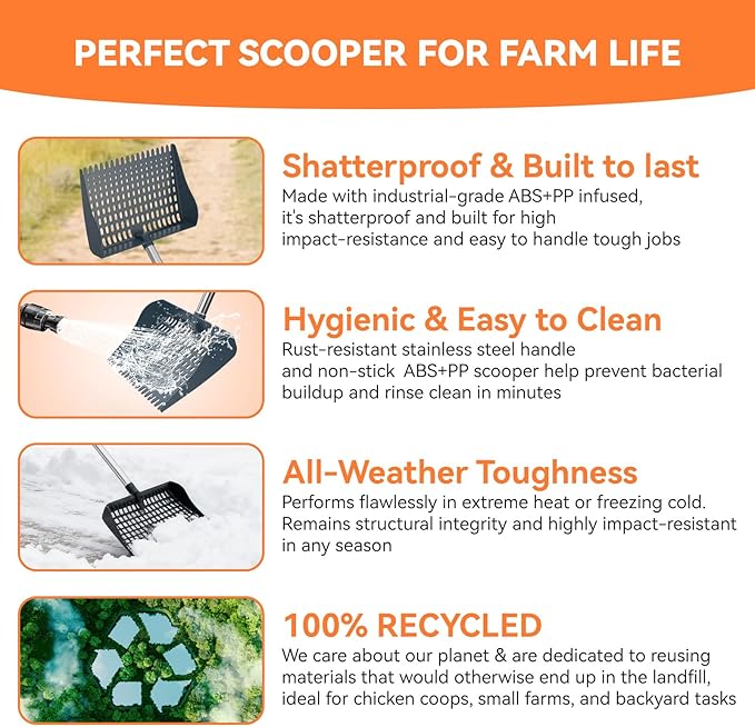 Chicken Poop Scooper & Rake 2-in-1, Chicken Coop Accessories with 13in Wider PP Head & Adjustable Stainless Steel Handle, 33''-69'' Pooper Scooper Sand Sifting Shovel Litter for Small Farm Animals