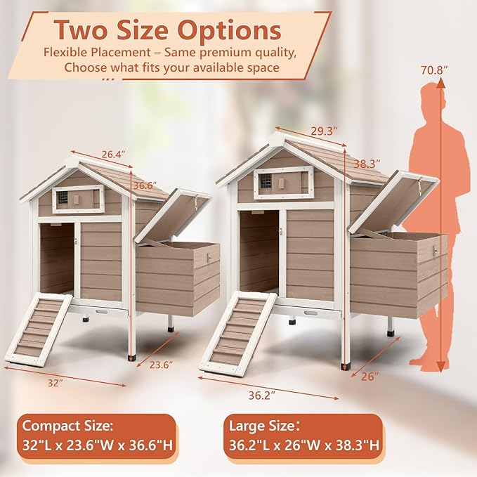 Chicken Coop Chicken House Outdoor with 2 Nesting Box, Wooden Small Chicken Coop Hen House with Removable Trays, Ramp for 1-2 Chickens (32" L x 23.6" W x 36.6" H)