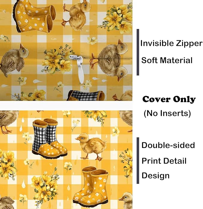 Duck Yellow Gingham Throw Pillow Covers 18x18 Inch, Set of 2 | Spring Farmhouse Square Cushion Cases for Couch Bedroom Nursery | Easter Farm Animal Home Decor, Decorative Pillowcases