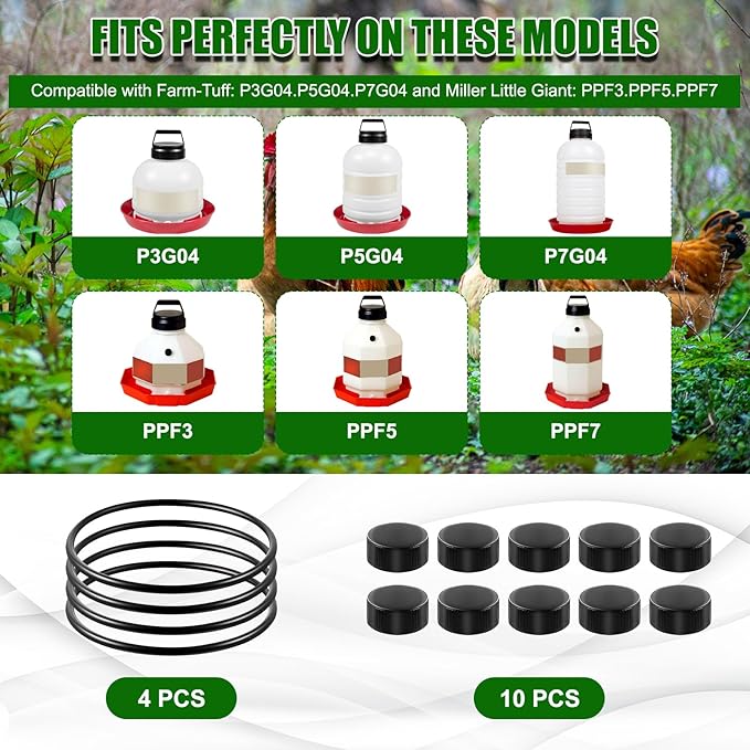 Plastic Poultry Waterer Replacement Parts Kit - 10 Caps & 4 O-Rings, Compatible with Miller, Little Giant PPF & Farm-Tuff 3/5/7 Gallon Poultry Founts (Black)