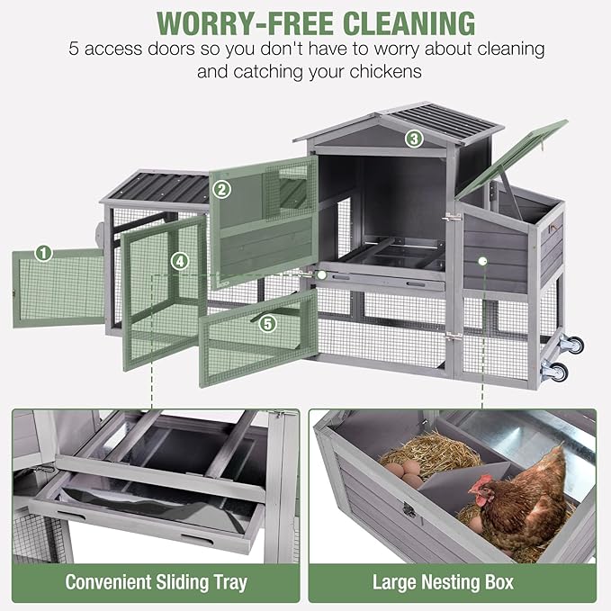 Mobile Chicken Coop with Wheels for 4-6 Chickens, Large Wooden Hen House Expandable Duck Cage with Run, 2 Nesting Boxes, Easy Clean Pull-Out Tray, Waterproof Asphalt Roof (Grey)